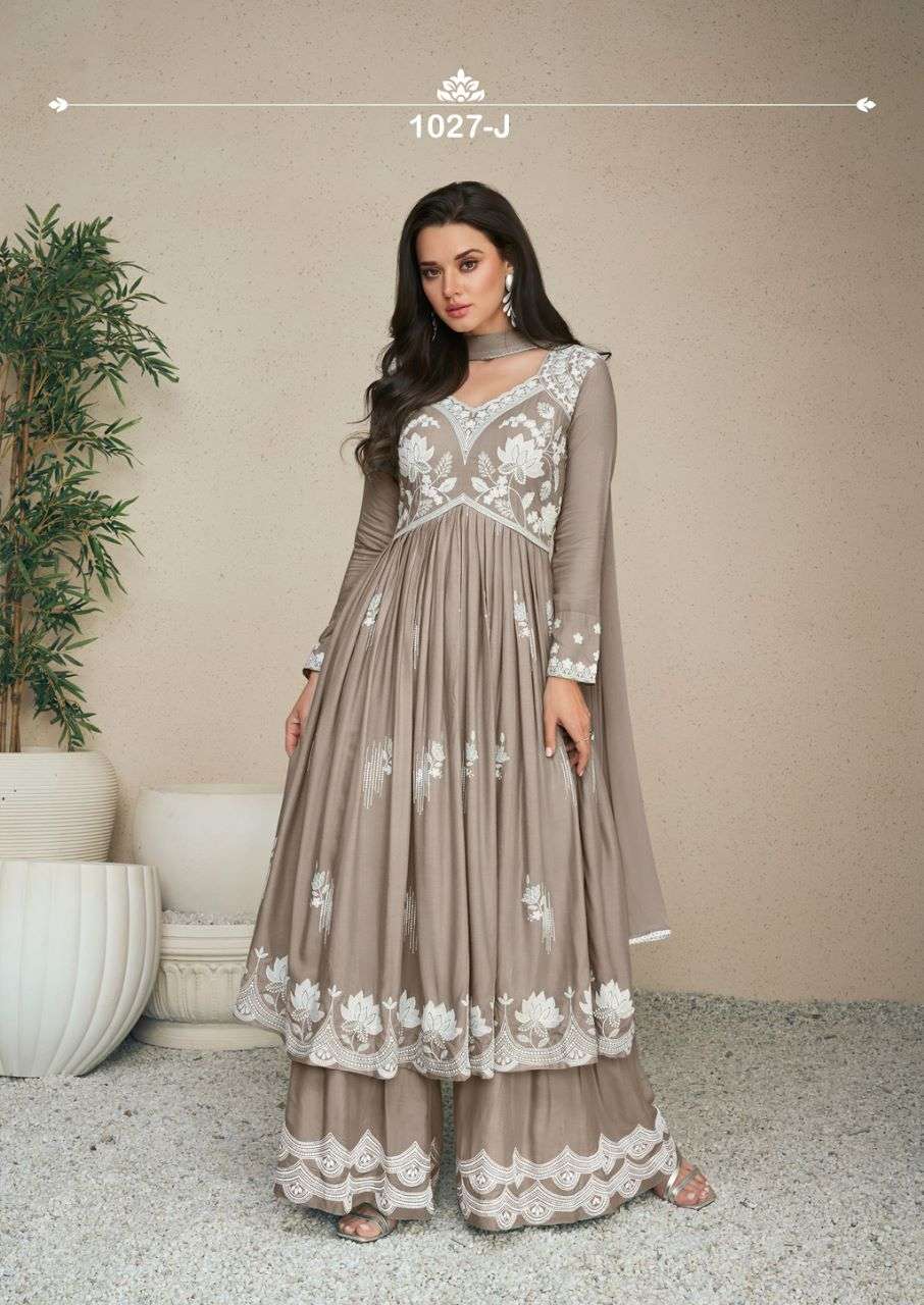 LAKHNAVI VOL HIT LIST  HEAVY REYON WHITE THREAD WORK NAURA CUT KURTI WITH PLAZZO AND NAZMIN DUPATTA BY VAMIKA BRAND 1027 J